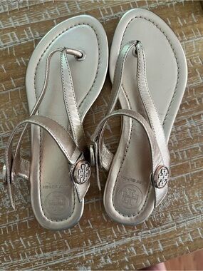 Tory Burch Metallic Rose Gold Logo Thong Sandals